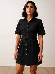 Women Black Smocked Pure Cotton Shirt Mini Dress