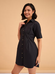Women Black Smocked Pure Cotton Shirt Mini Dress