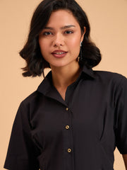 Women Black Smocked Pure Cotton Shirt Mini Dress