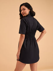 Women Black Smocked Pure Cotton Shirt Mini Dress