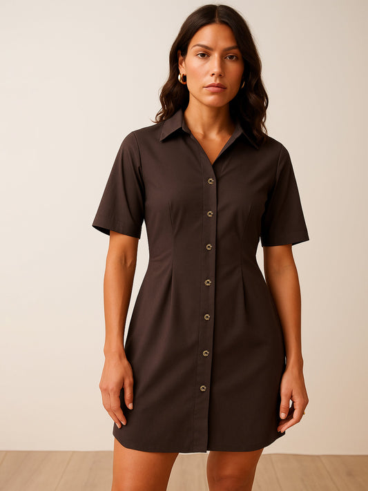 Women Brown Smocked Pure Cotton Shirt Mini Dress