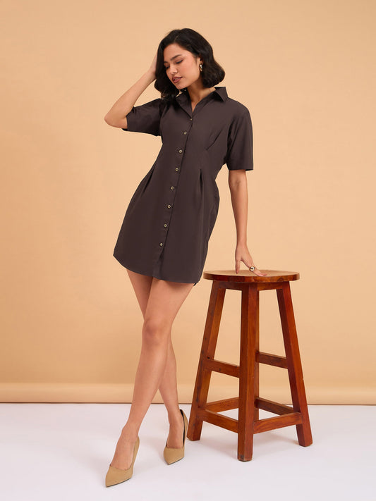 Women Brown Smocked Pure Cotton Shirt Mini Dress