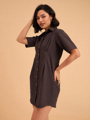Women Brown Smocked Pure Cotton Shirt Mini Dress