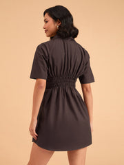 Women Brown Smocked Pure Cotton Shirt Mini Dress