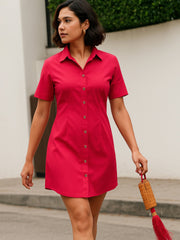 Women Red Smocked Pure Cotton Shirt Mini Dress