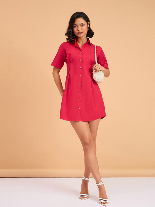 Women Red Smocked Pure Cotton Shirt Mini Dress
