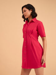 Women Red Smocked Pure Cotton Shirt Mini Dress