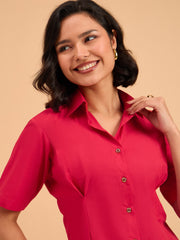 Women Red Smocked Pure Cotton Shirt Mini Dress