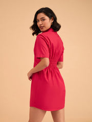 Women Red Smocked Pure Cotton Shirt Mini Dress