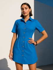 Women Royal Smocked Pure Cotton Shirt Mini Dress