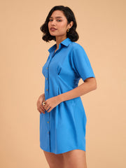 Women Royal Smocked Pure Cotton Shirt Mini Dress