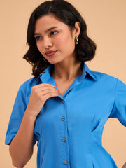 Women Royal Smocked Pure Cotton Shirt Mini Dress