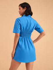 Women Royal Smocked Pure Cotton Shirt Mini Dress