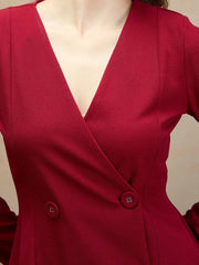 Women Maroon Double Breasted Short Dress