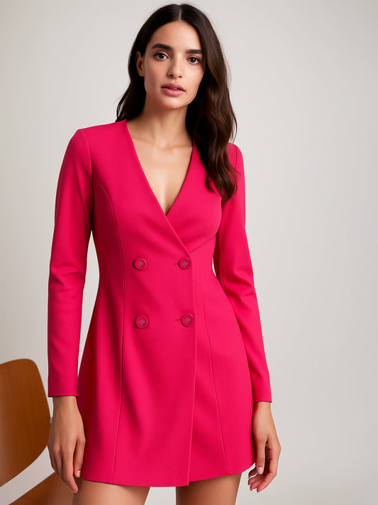 Women Fuchsia Double Breasted Short Dress