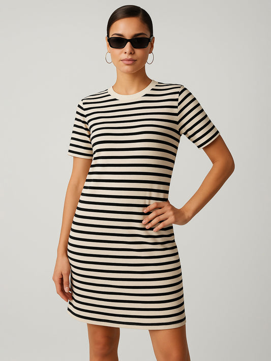 Women Black & Beige Stripe Short T-shirt Dress
