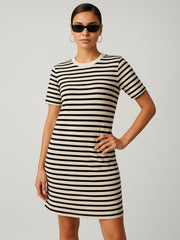 Women Black & Beige Stripe Short T-shirt Dress