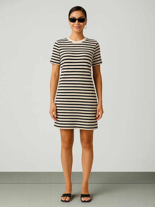 Women Black & Beige Stripe Short T-shirt Dress