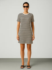 Women Black & Beige Stripe Short T-shirt Dress