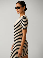 Women Black & Beige Stripe Short T-shirt Dress