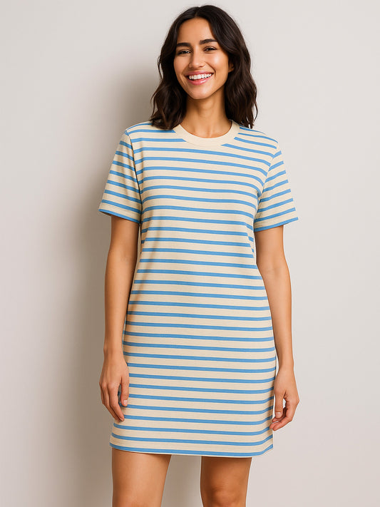 Women Blue & Beige Stripe Short T-shirt Dress