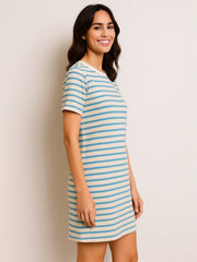 Women Blue & Beige Stripe Short T-shirt Dress