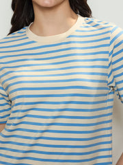 Women Blue & Beige Stripe Short T-shirt Dress