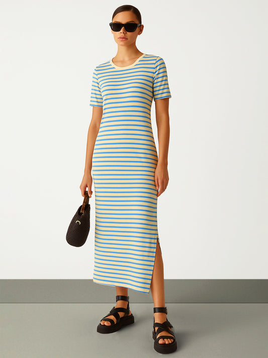Women Blue & Beige Stripe T-shirt Maxi Dress