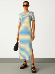 Women Blue & Beige Stripe T-shirt Maxi Dress