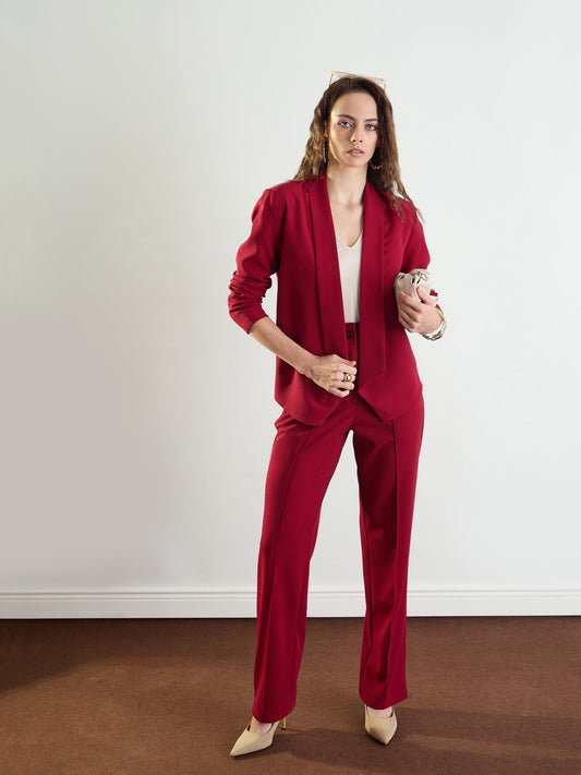 Women Maroon Lapel Collar Front Open Blazer