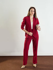 Women Maroon Lapel Collar Front Open Blazer