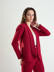 Women Maroon Lapel Collar Front Open Blazer