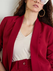 Women Maroon Lapel Collar Front Open Blazer
