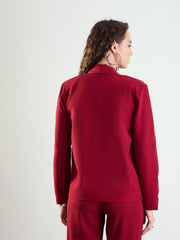 Women Maroon Lapel Collar Front Open Blazer