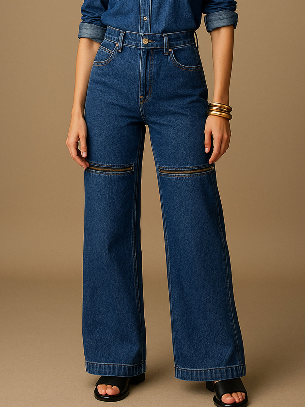 Women Blue Zipper Design Baggy Jeans