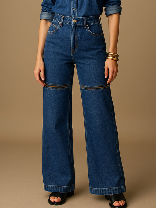 Women Blue Zipper Design Baggy Jeans