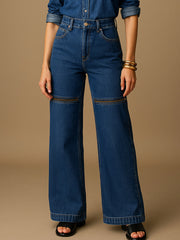 Women Blue Zipper Design Baggy Jeans