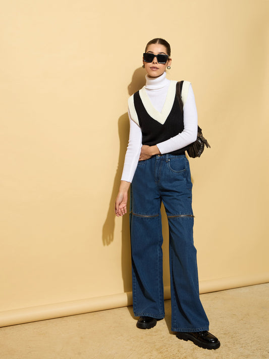 Women Blue Zipper Design Baggy Jeans