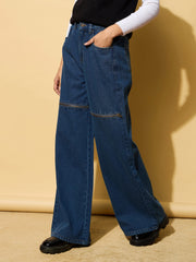 Women Blue Zipper Design Baggy Jeans