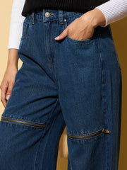 Women Blue Zipper Design Baggy Jeans