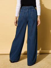 Women Blue Zipper Design Baggy Jeans