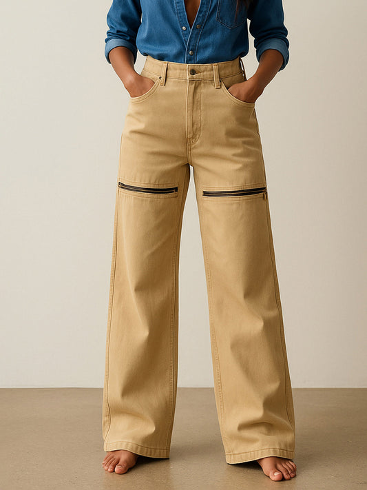 Women Beige Zipper Design Baggy Jeans