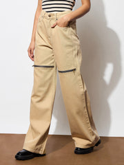 Women Beige Zipper Design Baggy Jeans
