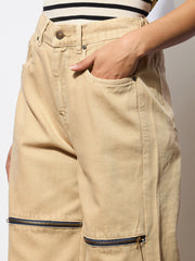 Women Beige Zipper Design Baggy Jeans