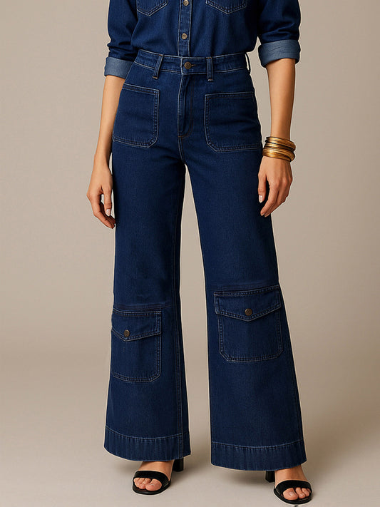 Women Navy Blue Multi Pocket Stretch Straight Jeans