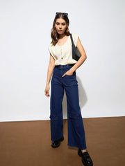 Women Navy Blue Multi Pocket Stretch Straight Jeans