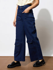 Women Navy Blue Multi Pocket Stretch Straight Jeans