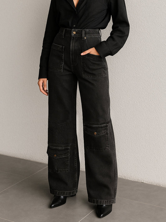 Women Black Wash Multi Pocket Stretch Straight Jeans