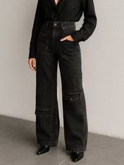 Women Black Wash Multi Pocket Stretch Straight Jeans