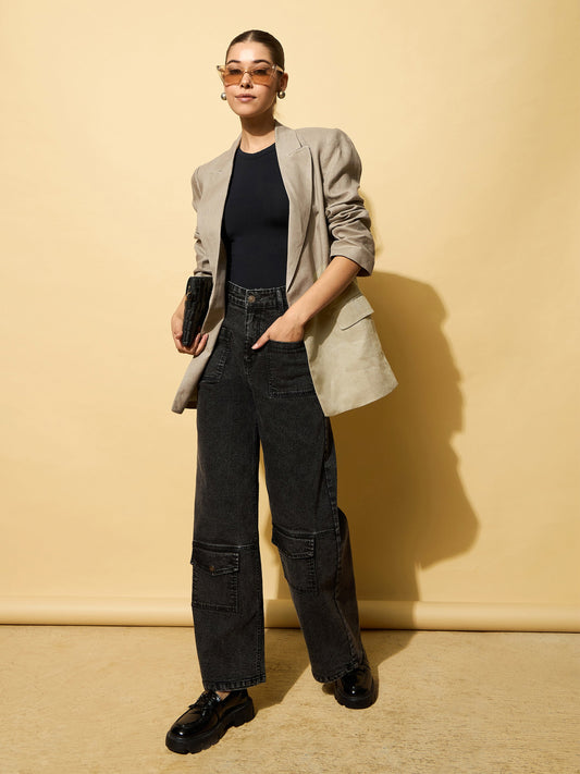 Women Black Wash Multi Pocket Stretch Straight Jeans